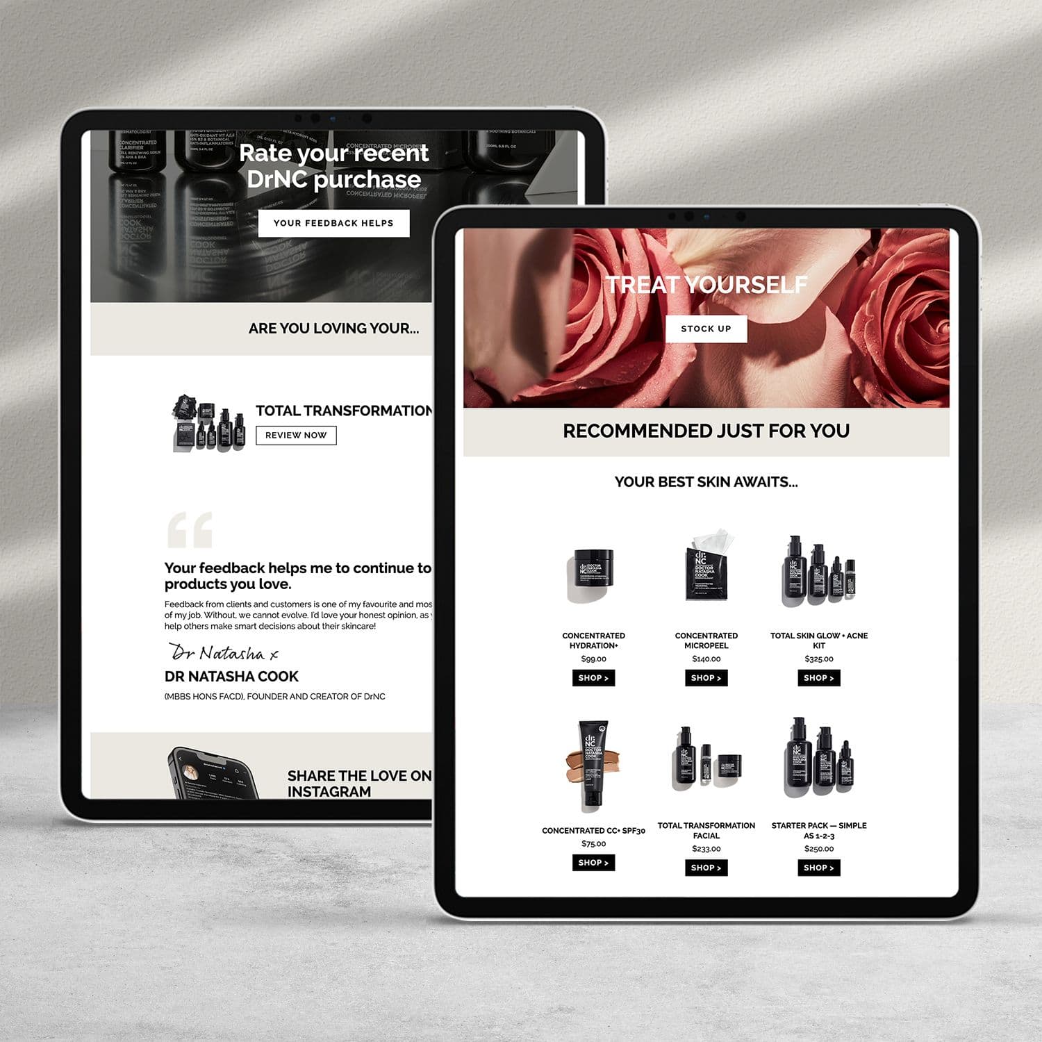 Klaviyo Email Design & Shopify Quiz for skin care brand dr.NC